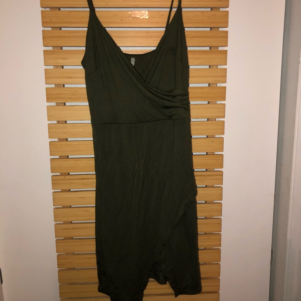 Army green wrap dress.